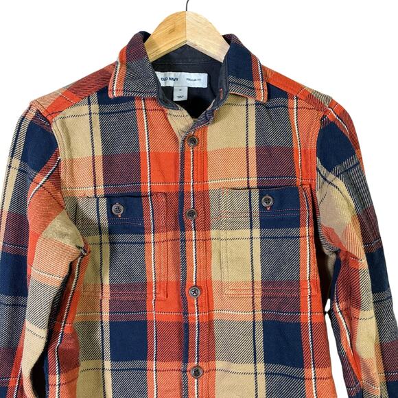 Old Navy Plaid Button Down Shirt Sz XS Orange Blue Cotton Fall Rustic Cabincore - Picture 3 of 7